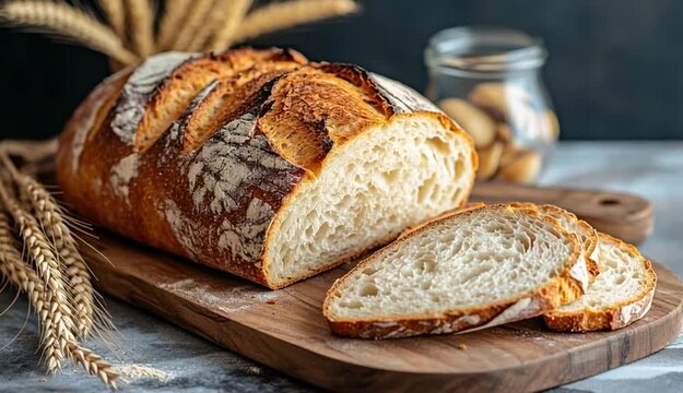 Fresh baked bread loaf with golden brown crust on wooden cutting board, several slices, wheat stalks bundle in glass jar in background