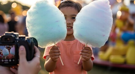 Smiling child holding two large pastel cotton candies at a funfair, capturing a joyful moment