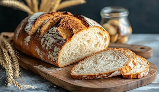 Fresh baked bread loaf with golden brown crust on wooden cutting board, several slices, wheat stalks bundle in glass jar in background