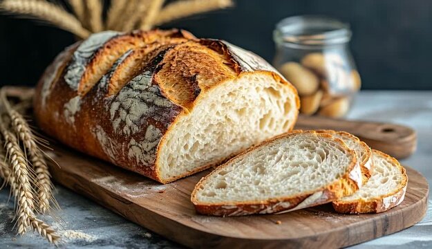 Fresh baked bread loaf with golden brown crust on wooden cutting board, several slices, wheat stalks bundle in glass jar in background
