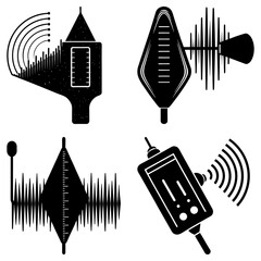 Illustration of four different black and white measuring instruments with signal waves displayed clearly
