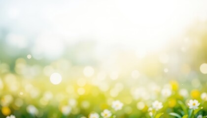 Obraz premium Soft Meadow Landscape with Abstract Blurry Light, Greenery, and Small White Flowers for Backgrounds and Spring Themes