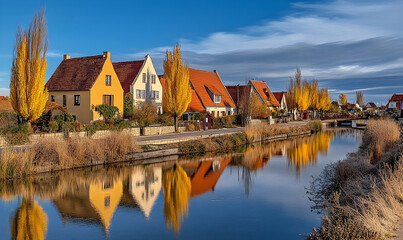 Fototapeta premium Charming canal village autumn reflections and colorful houses