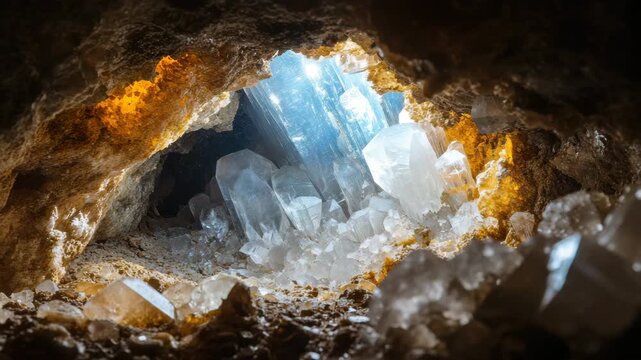 Crystal cave mineral geology natural rock formation underground shiny texture translucent quartz sparkling rough earthy environment stone cluster raw geology light closeup serene magical chamber