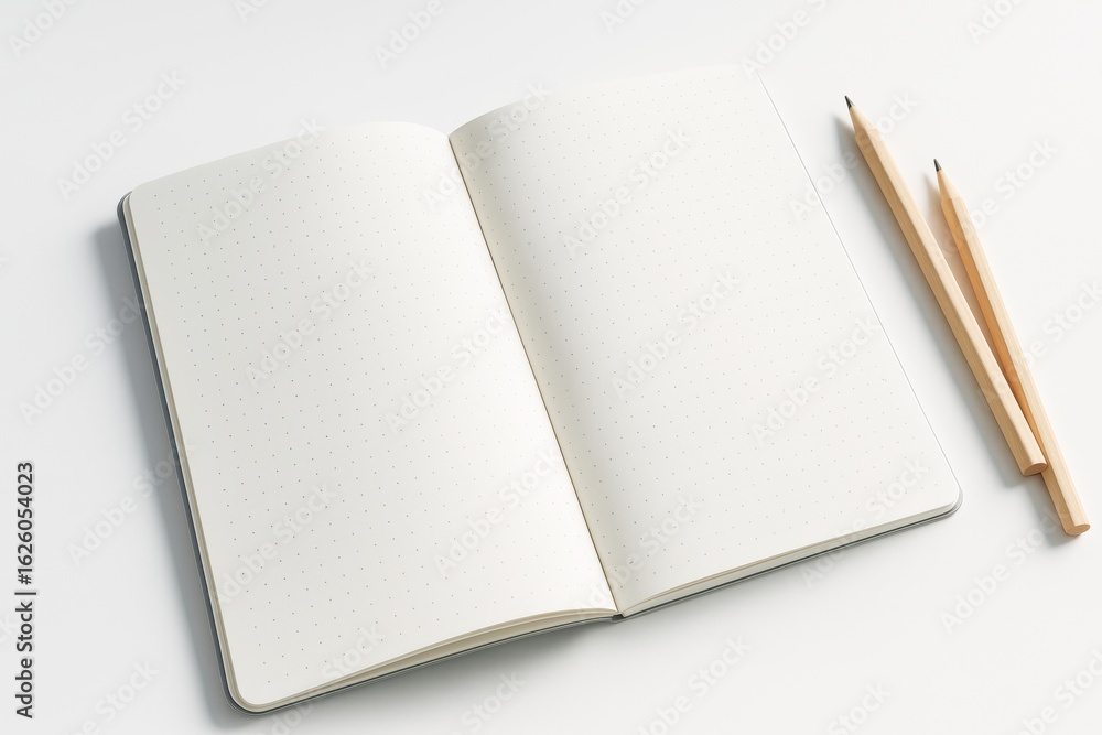 Aufkleber open blank dotted notebook with two wooden pencils on white background, clean minimalistic layout fo