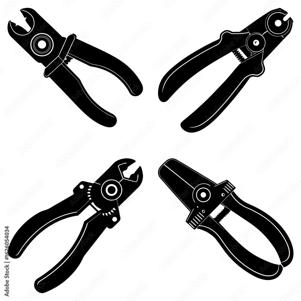Aufkleber four black and white illustrations of different types of pliers arranged in a square pattern design
