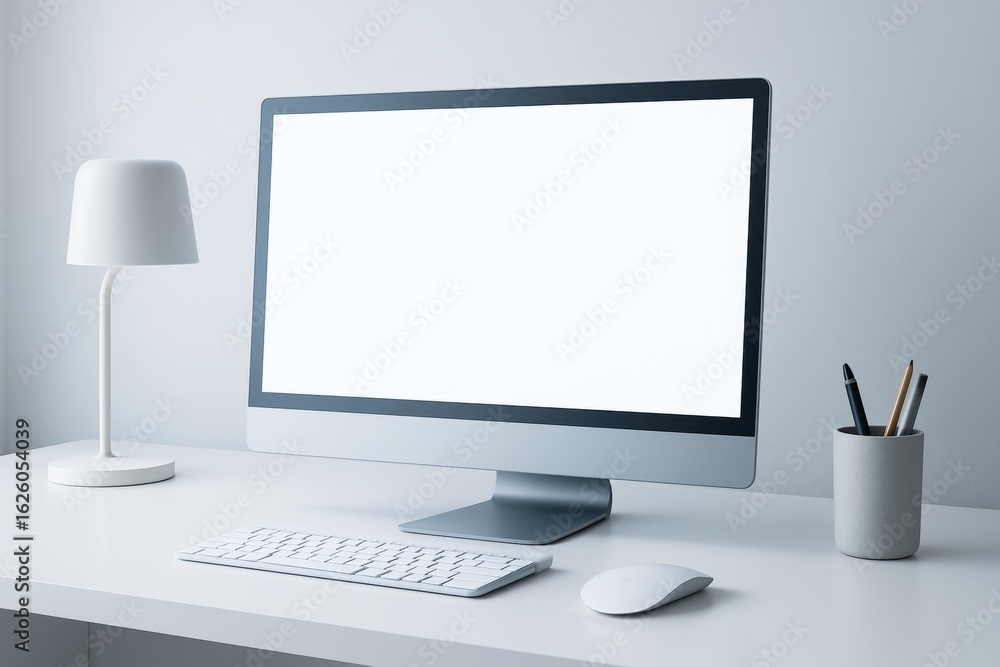Poster clean desktop computer mockup on white table with blank screen, keyboard, mouse, lamp, and pen holde
