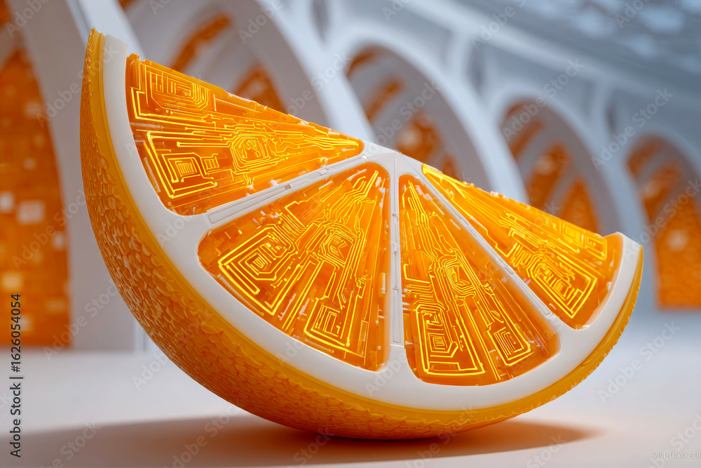 Poster orange slice with glowing circuit board pattern futuristic setting