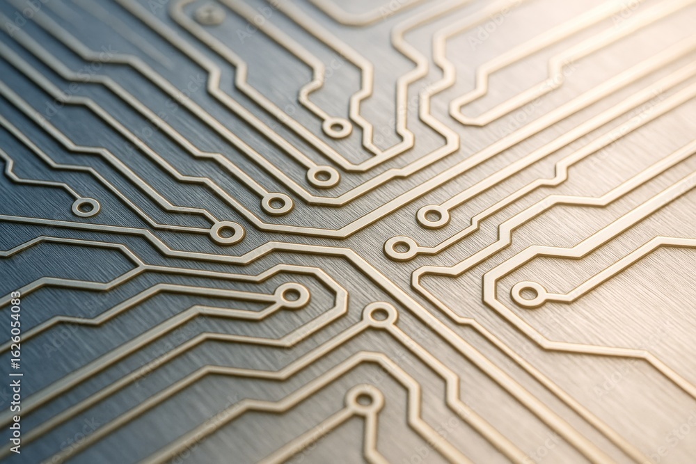 Poster abstract golden circuit lines on brushed metal surface background with soft light reflection, symbol