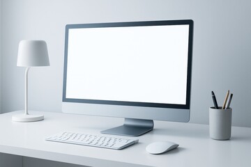 Fototapeta premium Clean desktop computer mockup on white table with blank screen, keyboard, mouse, lamp, and pen holder for branding presentation layout. Ai generative