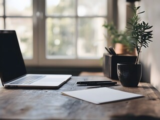 Fototapeta premium sleek writing desk with no electronics, just paper and pen, focus on analog productivity 