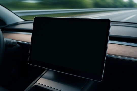 Blank tablet screen inside modern car interior with highway motion blur outside window, perfect for interface mockup or digital product display. Ai generative