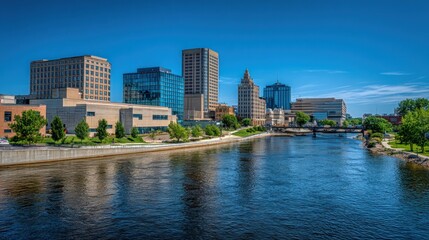 Fototapeta premium Cityscape along river with modern buildings