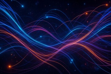 Obraz premium Colorful light trails forming abstract waves on deep space background, symbolizing energy flow, motion, and futuristic digital dynamics. Ai generative