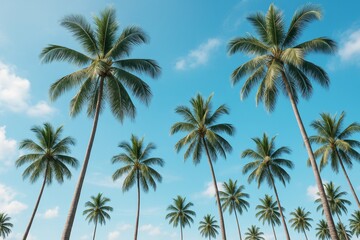 Fototapeta premium Tropical palm trees under bright blue sky with soft clouds, creating a serene summer travel background concept in light natural atmosphere.