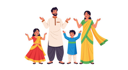 Happy indian family illustration in traditional clothing celebrating together