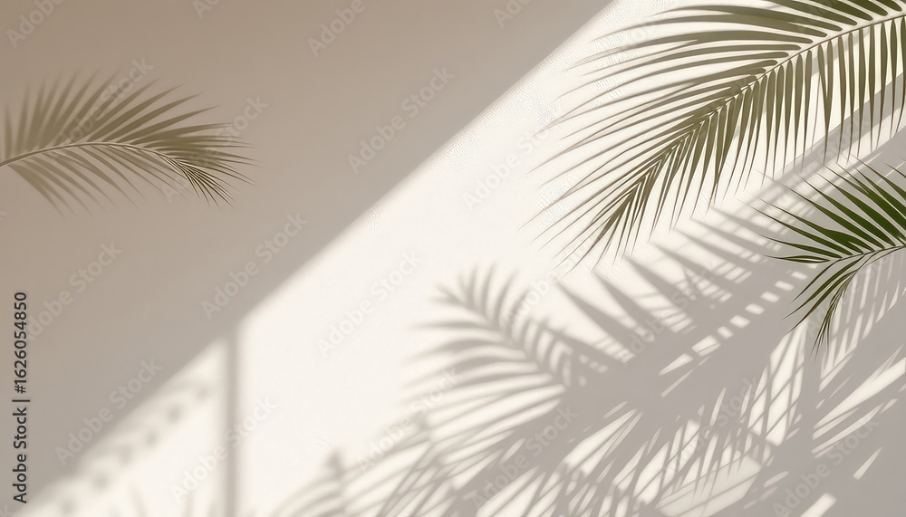 Poster soft sunlight streams across a textured wall, casting shadows of swaying palm fronds, creating a nat