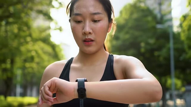 Young Woman Checking Fitness Tracker in Park During Morning Run