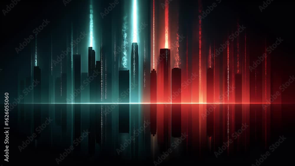 Poster digital data stream flowing through futuristic city skyline with light pulse effects