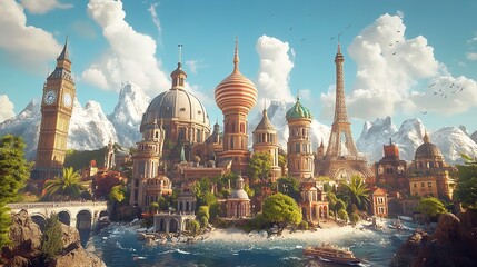 Dreaming of global adventures A fusion of world landmarks in a captivating coastal city with bright sunny skies and