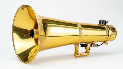Obraz premium Vintage golden megaphone isolated on white, showcasing classic design details.