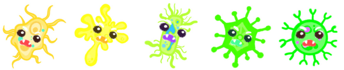 Cute Scary Bacteria and Virus Cartoon Characters in Vector Style for Science and Education Projects
