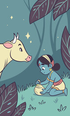 Cute blue skinned child in traditional indian attire interacting with a gentle cow in a magical forest setting