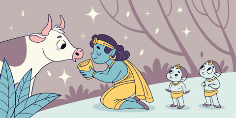 Cute cartoon illustration of krishna feeding a cow with butter balls and two young boys watching