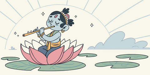 Cute cartoon krishna playing a flute while sitting on a lotus flower surrounded by lily pads and clouds