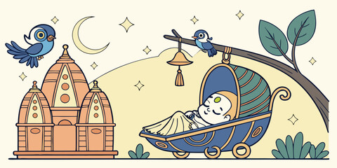 Cute baby sleeping peacefully in a cradle under a crescent moon with birds and a temple