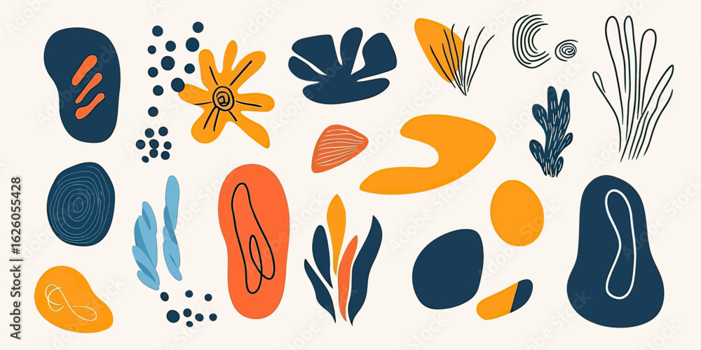 Poster abstract organic shapes and floral doodles set with colorful playful blobs and minimalist vector des