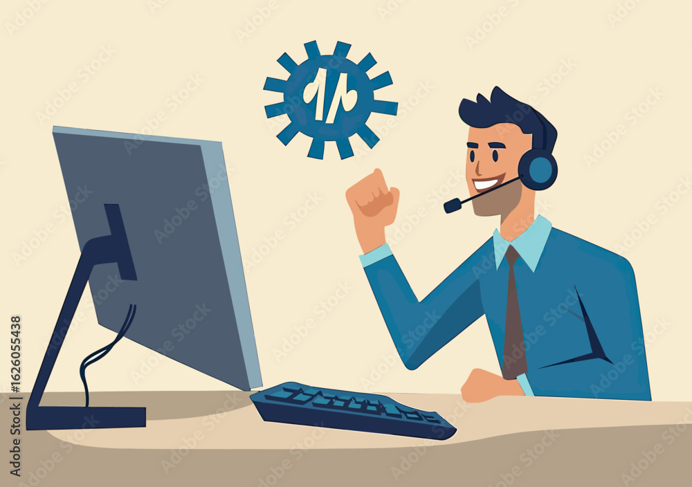 Poster customer support representative with headset working at computer desktop smiling and pointing at gea
