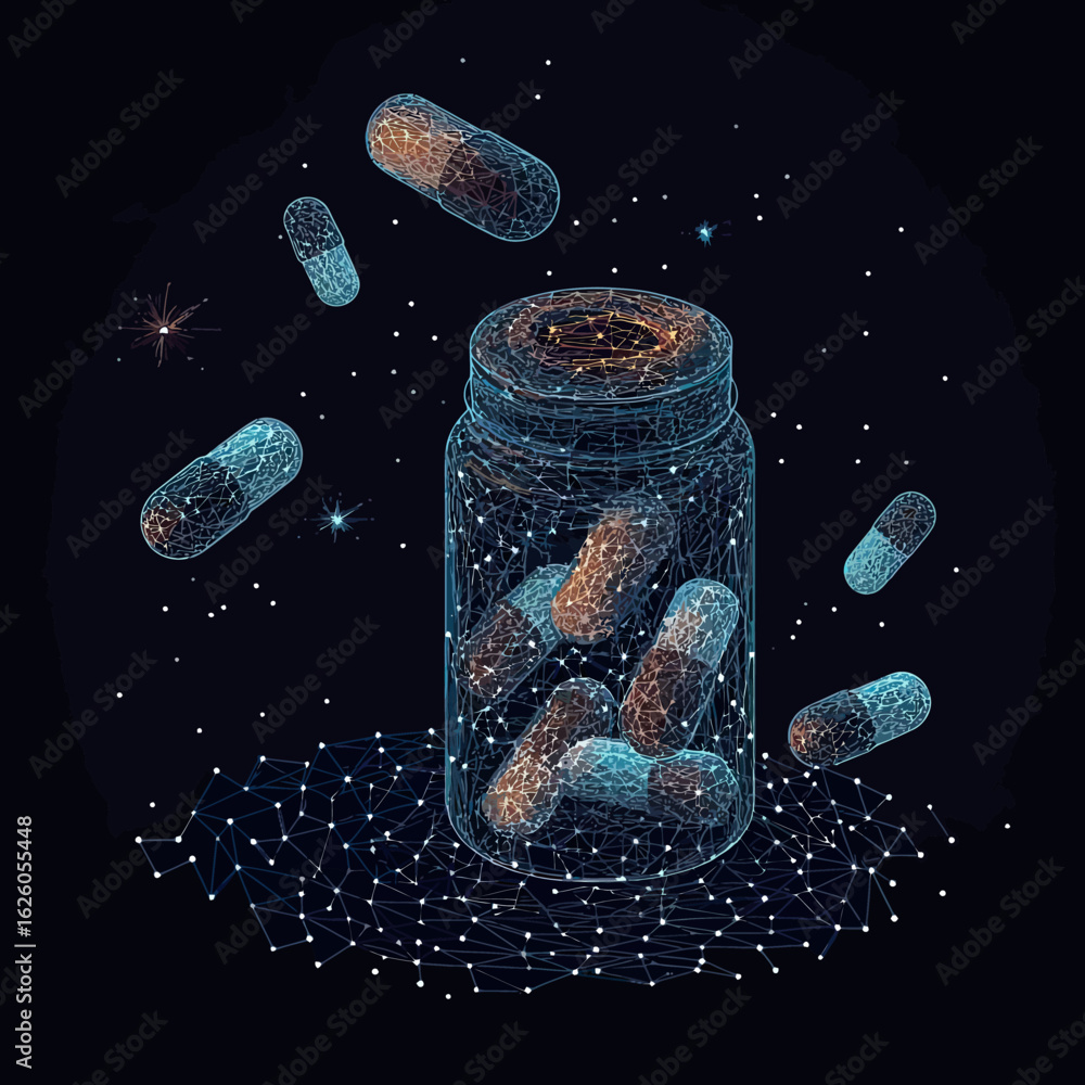 Aufkleber abstract wireframe digital illustration of pill container with capsules floating in space starry sky
