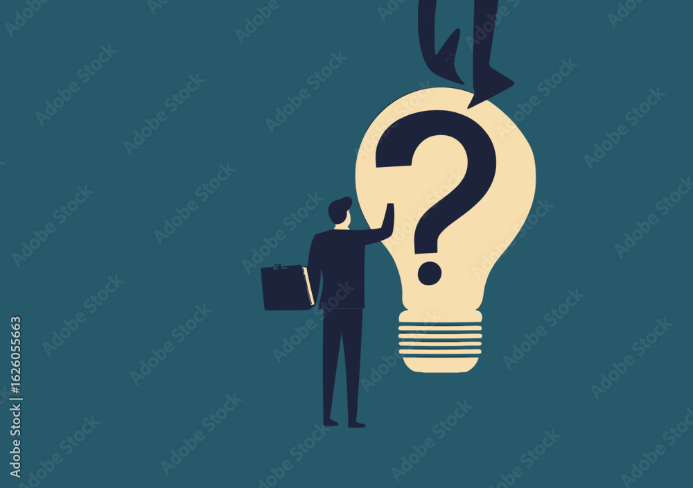 Poster businessman standing in front of giant illuminated light bulb with question mark symbolizing solving