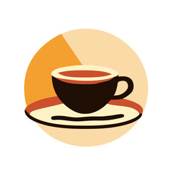 Obraz premium Minimalist vector illustration of black coffee cup with saucer and spoon on beige and orange circular background for cafe logo or design element