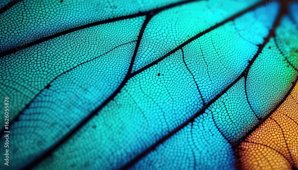 Poster delicate translucent leaf macro showing intricate patterns, veins, and textures, with vibrant gradie