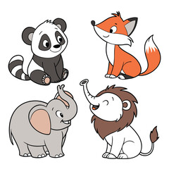 Cute Cartoon Animal Bundle – Panda, Fox, Elephant, and Lion Cub Sitting Vector on White Background