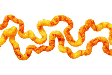 A close-up view of a wavy, stringy snack food.  The food is a golden-orange color with a reddish-orange, speckled topping.  It's arranged in a horizontal band against a black background