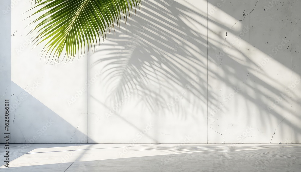 Poster sunlight streams through palm fronds, casting intricate shadows on a textured surface, creating a se