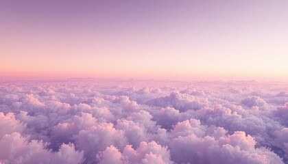 Dreamlike ethereal vista features a sea of fluffy clouds bathed in a soft gradient of pastel pink and light purple hues