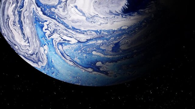 Unknown planet close-up with changing texture and relief on the surface against the background of black space with stars and flying meteors. Video 4K.