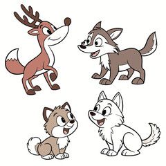 Reindeer, Wolf Cub, Snow Fox, and Husky Puppy Cute Winter Animal Vector Collection