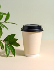 Disposable coffee cup with green leaves on beige