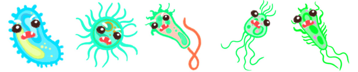 Cute Scary Bacteria and Virus Cartoon Characters in Vector Style for Science and Education Projects