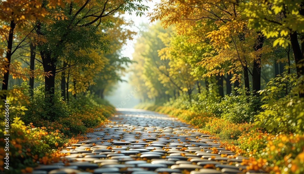 Poster sunlight streams through trees, lighting a stone path with fallen leaves and lush greenery on an aut