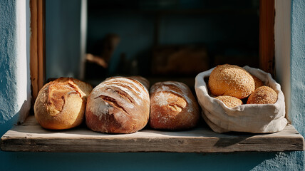 Freshly baked bread displayed on wooden shelf