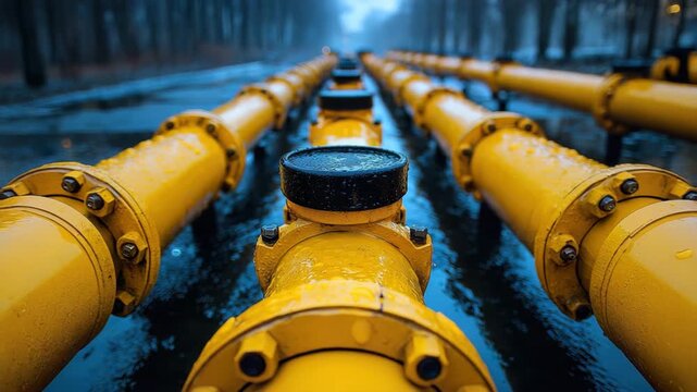 Yellow pipeline with water droplets wet metal surface and industrial outdoor valve bolts during rain, showing multiple parallel pipes extending into distance with blurred background of trees and wet