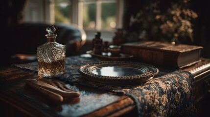 Fototapeta premium Ornate glass decanter and antique items on a dark wooden surface.