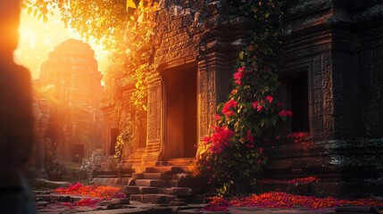 A stunning view of an ancient temple illuminated by golden sunlight, surrounded by vibrant flowers and lush greenery, evoking a sense of tranquility and historical wonder.