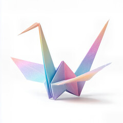 A beautiful, iridescent origami crane, a traditional Japanese symbol of hope, peace, and good fortune, meticulously folded from colorful paper, isolated on white.
